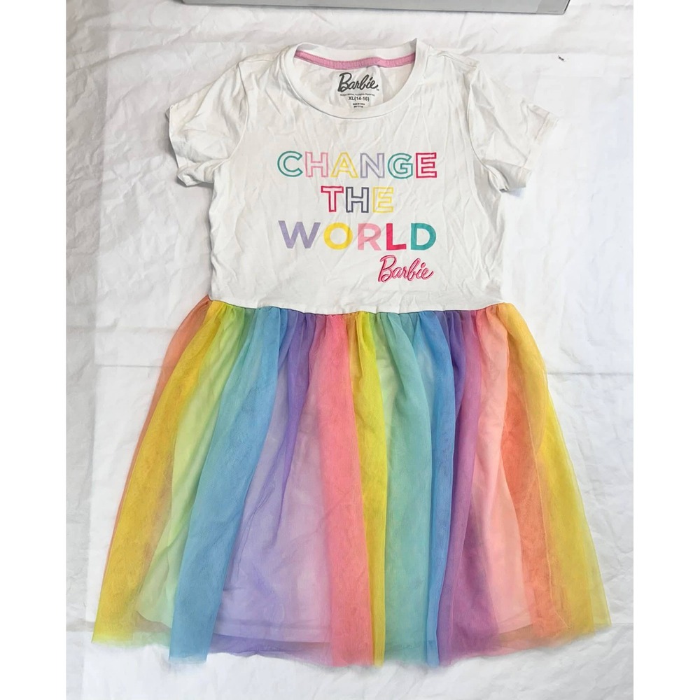 Barbie Whimsical Playful Rainbow Layered Tulle Dress Girls XL 14 16
